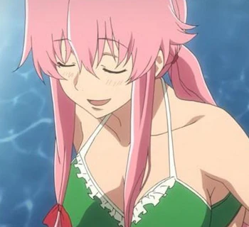 Personagem de anime fofo com cabelo rosa olhando para a câmera