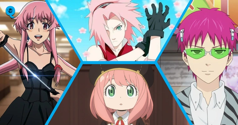 Personagem de anime fofo com cabelo rosa olhando para a câmera